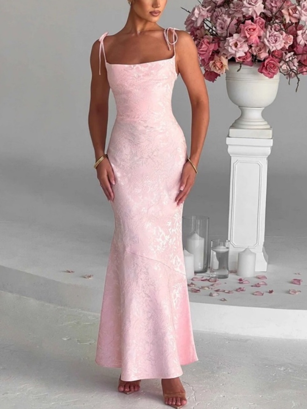 NWT BabyBoo Whitney Maxi Dress in Blush Sz XS Floral Jacquard Bias Cut Tie Back